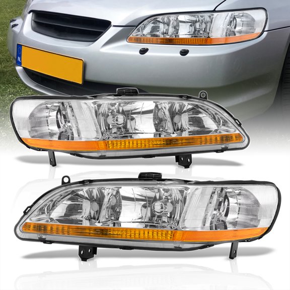 AJP Distributors Chrome Housing Clear Lens Amber Reflector Signal Headlights Driving Lights Lamps Assembly Left & Right Compatible/Replacement For Honda Accord 1998 1999 2000 2001 2002 98 99 00 01 02