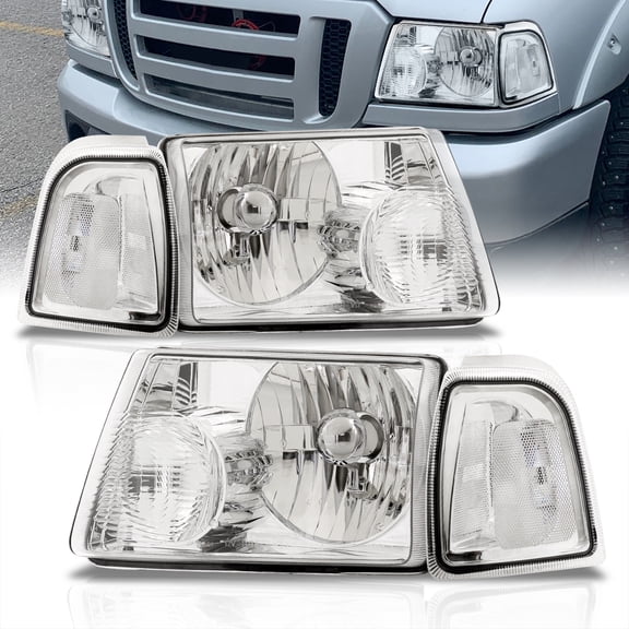 AJP Distributors Chrome Housing Clear Lens Headlights Driving Lights Assembly + Signal Corner Bumper Lamps Compatible/Replacement For Ford Ranger 2001 2002 2003 2004 2005 2006 2007 2008 2009 2010 2011