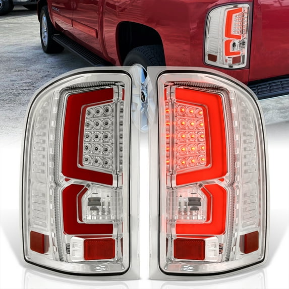 AJP Distributors Chrome Housing Clear Lens Red Tube LED Bar Tail Lights Brake Stop Signal Lamps Assembly Compatible/Replacement For Chevrolet Chevy Silverado 2007 2008 2009 2010 2011 2012 2013 2014