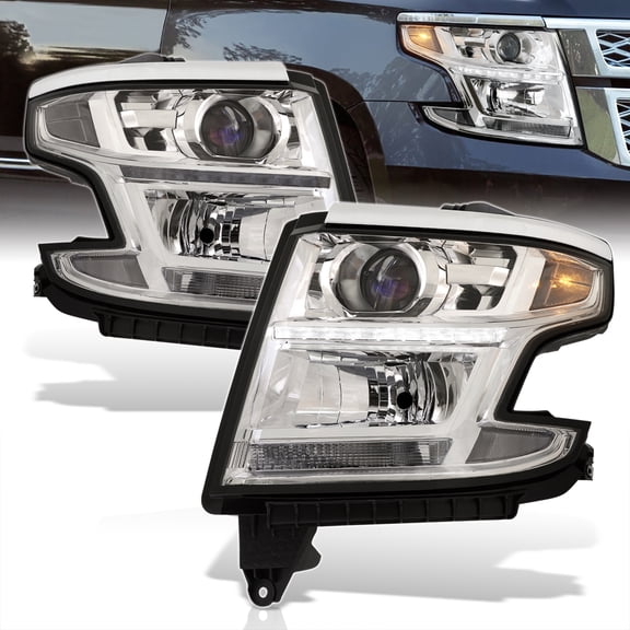 AJP Distributors Chrome Housing Clear Signal Projector Headlights LED Strip Lamps Pair Compatible/Replacement For Chevrolet Tahoe Chevy Suburban 3500HD 2015 2016 2017 2018 2019 2020 15 16 17 18 19 20