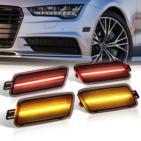 AJP Distributors Front Amber Rear Red LED Bumper Side Marker Lights Lamps Signal Reflectors Smoke Compatible/Replacement For Audi A7 S7 RS7 C7 2012 2013 2014 2015 2016 2017 2018 12 13 14 15 16 17 18
