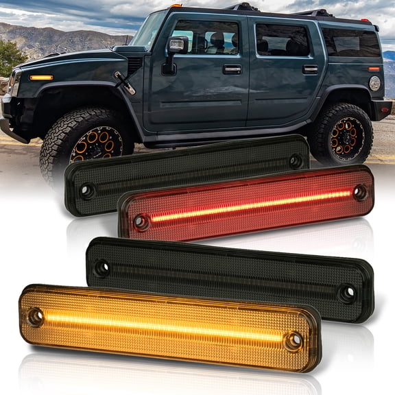 AJP Distributors Front Amber + Rear Red LED Fender Side Marker Lights Reflector Signal Lamps 4PC Set Smoked Compatible/Replacement For Hummer H2 2003 2004 2005 2006 2007 2008 2009 03 04 05 06 07 08 09