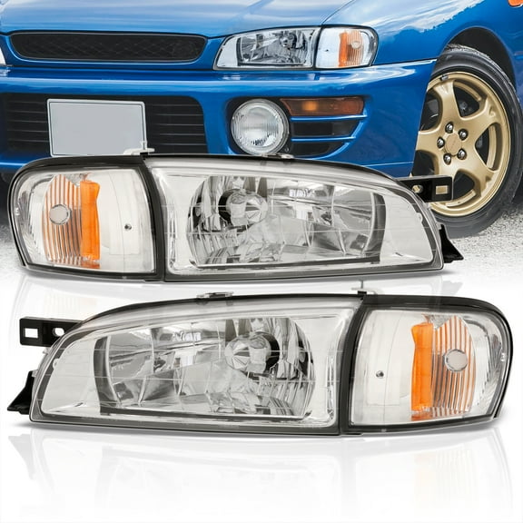 AJP Distributors Front Driving Headlights + Corner Turn Signal Lamps Chrome Amber Compatible/Replacement For Subaru Impreza GC8 1993 1994 1995 1996 1997 1998 1999 2000 2001 93 94 95 96 97 98 99 00 01
