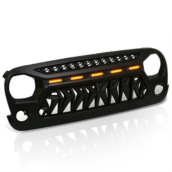 AJP Distributors Front Upper Hood Bumper Shark Style Grille w/ Amber LED DRL Running Lights Compatible/Replacement For Jeep Wrangler JK JKU 2007 2008 2009 2010 2011 2012 2013 2014 2015 2016 2017 2018