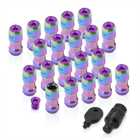 AJP Distributors Godsnow JDM Universal Open Ended Lug Nuts M12 X 1.25MM Thread Pitch Performance Aftermarket Tuner Wheels Rims 20-Piece Set Locking Key Forged Steel Anodized Neochrome Body Purple Trim