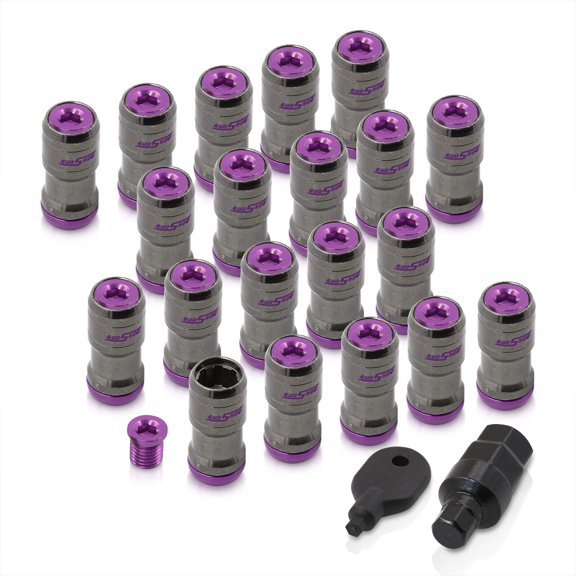 AJP Distributors Godsnow JDM Universal Open Ended Lug Nuts M12 X 1.25MM Thread Pitch Performance Aftermarket Tuner Wheels Rims 20-Piece Set Locking Key Forged Steel Anodized Gunmetal Body Purple Trim