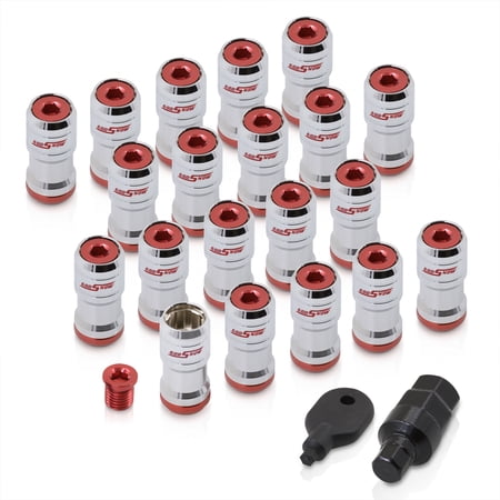 AJP Distributors Godsnow JDM Universal Open Ended Lug Nuts M12 X 1.25MM Thread Pitch Performance Aftermarket Tuner Wheels Rims 20-Pieces Set + Locking Keys Forged Steel Anodized Chrome Body Red Trim
