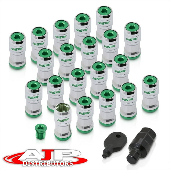 AJP Distributors Godsnow JDM Universal Open Ended Lug Nuts M12 X 1.25MM Thread Pitch Performance Aftermarket Tuner Wheels Rims 20-Pieces Set + Locking Keys Forged Steel Anodized Chrome Body Green Trim