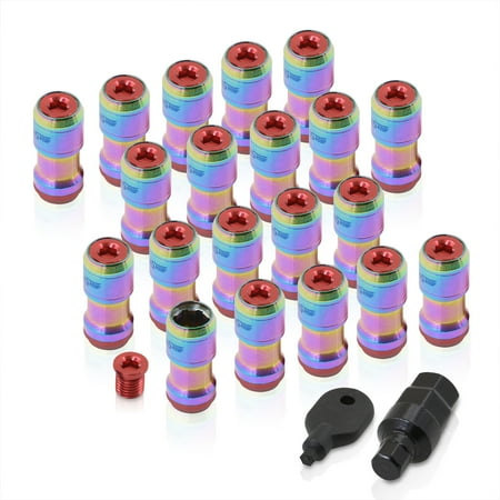 AJP Distributors Godsnow JDM Universal Open Ended Lug Nuts M12 X 1.5MM Thread Pitch Tuner Wheels Rims 20-Pieces Set + Locking Keys Kit Forged Steel Anodized Neo Chrome Body Red Trim