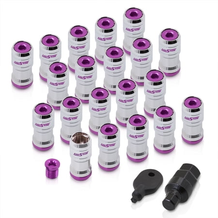 AJP Distributors Godsnow JDM Universal Open Ended Lug Nuts M12 X 1.5MM Thread Pitch Tuner Wheels Rims 20-Pieces Set + Locking Keys Kit Forged Steel Anodized Chrome Body Purple Trim