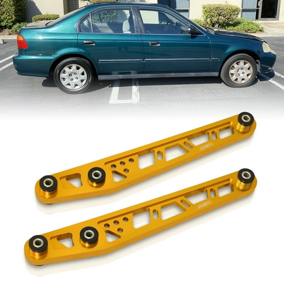 AJP Distributors JDM Sport Rear Lower Suspension Gold Aluminum Cross Design Control Arms LCA + Black Polyurethane Bushing Compatible/Replacement For Honda Civic 1996 1997 1998 1999 2000 96 97 98 99 00