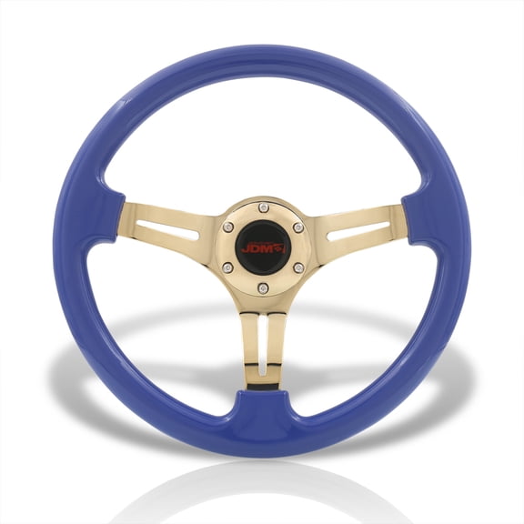 AJP Distributors JDM Sport Universal 14" 350mm 6-Bolt Holes Steel Steering Wheel Metallic Blue Frame Gold Heavy Duty Spokes Light Weight w/ Horn Button Replacement VIP Tracking Grip