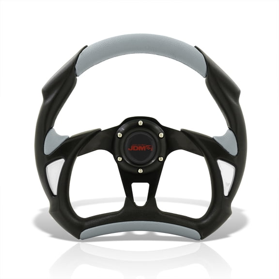 AJP Distributors JDM Sport Universal 320mm 13" 6 Bolt Hole Flat Bottom Steering Wheel D-Shape Black Silver PVC Leather Wrapped Light Weight Aluminum 3 Spoke + Horn Button Replacement Track Performance