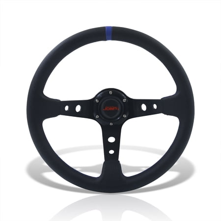 AJP Distributors JDM Sport Universal 350mm 14" 6-Bolt Hole Deep Dish Steering Wheel Black PVC Leather Blue Stitch Pin Stripe Light Weight Aluminum 3 Spoke +Horn Button Replacement