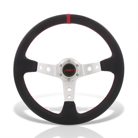 AJP Distributors JDM Sport Universal 350mm 14" 6 Bolt Hole Deep Dish Steering Wheel Black PVC Leather Red Stitch Pin Stripe Light Weight Aluminum 3 Spoke + Horn Button Replacement