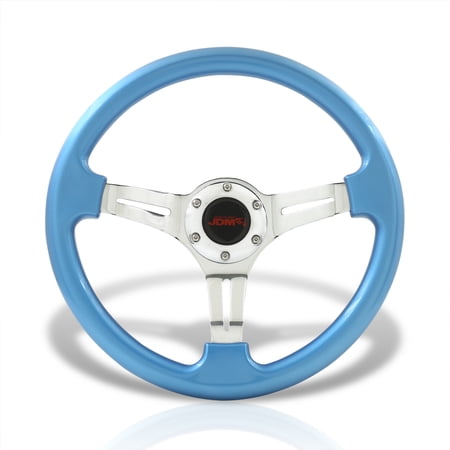 AJP Distributors JDM Sport Universal 350mm 14" 6-Bolt Hole Heavy Duty Steel Steering Wheel Metallic Blue Frame Polished Light Weight 3 Spoke Horn Button Grip Stance Drifting Center