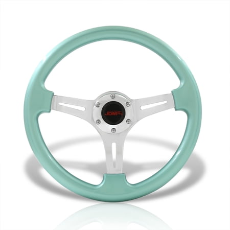 AJP Distributors JDM Sport Universal 350mm 14" 6-Bolt Hole Heavy Duty Steel Steering Wheel Metallic Green Frame Polished Light Weight 3 Spoke Horn Button Grip Stance Drifting Center