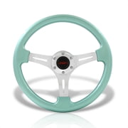 AJP Distributors JDM Sport Universal 350mm 14 6-Bolt Hole Heavy Duty Steel Steering Wheel Metallic Green Frame Polished Light Weight 3 Spoke Horn Button Grip Stance Drifting Center