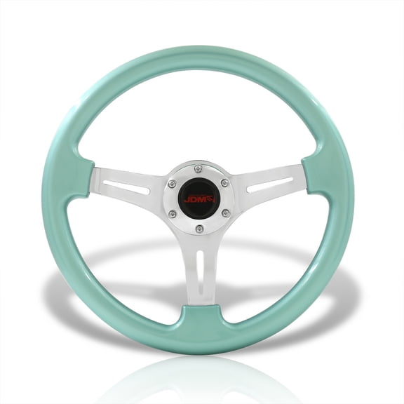 AJP Distributors JDM Sport Universal 350mm 14" 6-Bolt Hole Heavy Duty Steel Steering Wheel Metallic Green Frame Polished Light Weight 3 Spoke Horn Button Grip Stance Drifting Center