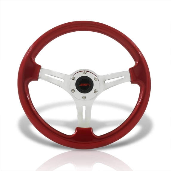 AJP Distributors JDM Sport Universal 350mm 14" 6 Bolts Hole Heavy Duty Steel Steering Wheel Metallic Red Frame Polished Light Weight 3 Spokes Horn Button Grip Stance Drifting Center