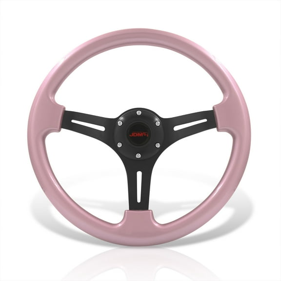 AJP Distributors JDM Sport Universal 350mm 14" 6 Bolts Holes Light Weight Aluminum Steering Wheel Heavy Duty Pink Frame Black 3 Spokes + Horn Button VIP Grip Drifting Replacement