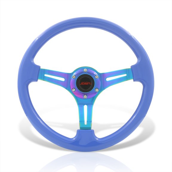 AJP Distributors JDM Sport Universal 350mm 14" 6 Bolts Holes Light Weight Steel Steering Wheel Blue Neo Chrome 3 Spokes Heavy Duty w/ Horn Button Replacement VIP Tracking Drifting