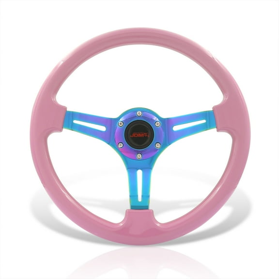 AJP Distributors JDM Sport Universal 350mm 14" 6 Bolts Holes Light Weight Steel Steering Wheel Metallic Pink Neo Chrome 3 Spokes Heavy Duty + Horn Button Replacement VIP Tracking