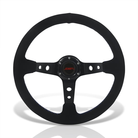 AJP Distributors JDM Sport Universal 350mm 14" All Black Suede 6 Bolts Holes Steering Wheel Blue Stitching Light Weight Aluminum Deep Dish Spokes + Horn Button Drifting Replacement