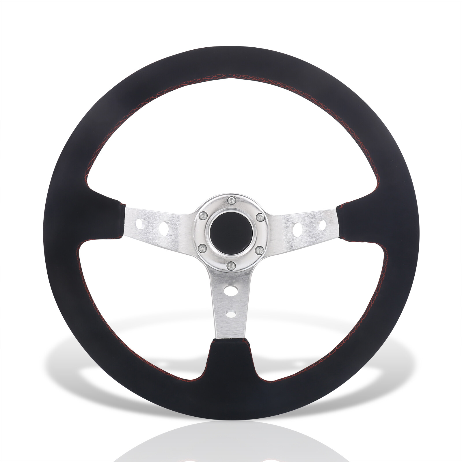 AJP Distributors JDM Sport Universal 350mm 14" Black Suede 6 Bolts Holes Steering Wheel Red Stitching Light Weight Aluminum Deep Dish Spokes + Horn Button Drifting Grip Replacement
