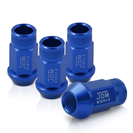AJP Distributors JDM Sport Universal 4-Piece Anodized Blue Lightweight T-6061 Aluminum Heavy Duty Open End Aftermarket Wheels Rims Lug Nuts M12 x 1.5mm Thread Pitch Pattern Set Upgrade VIP Drift Track