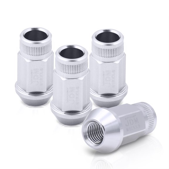 AJP Distributors JDM Sport Universal 4-Piece Anodized Silver Lightweight T-6061 Aluminum Heavy Duty Open End Aftermarket Wheel Rim Lug Nuts M12 x 1.5mm Thread Pitch Pattern Set Upgrade VIP Drift Track