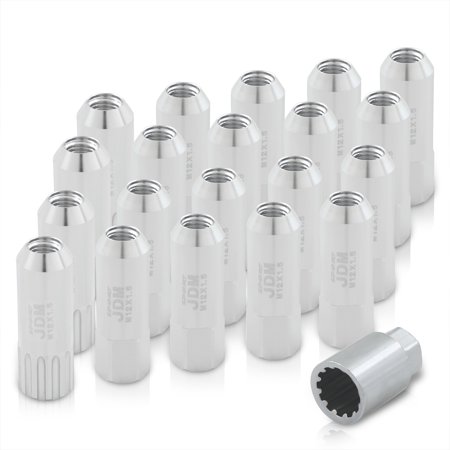 AJP Distributors JDM Sport Universal M12X1.5mm Thread Pitch 60mm Extended Hexagonal Billet Aluminum Open End VIP Tuner Wheels Rims 16-Piece Lug Nuts Set + 4-Piece Locking Type Keys Kit Anodized Silver