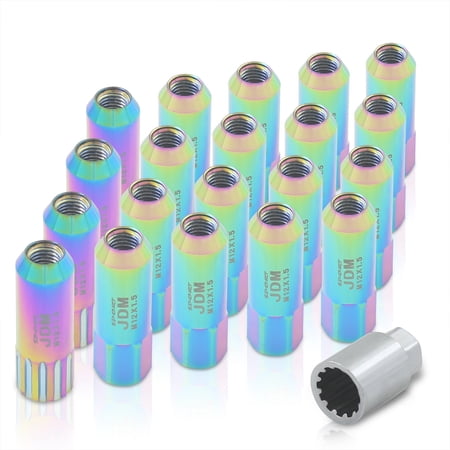AJP Distributors JDM Sport Universal M12X1.5mm Thread Pitch 60mm Extended Hexagonal Billet Aluminum Open End VIP Tuner Wheels Rims 16-Piece Lug Nuts Set + 4-Piece Locking Type Keys Anodized Neochrome