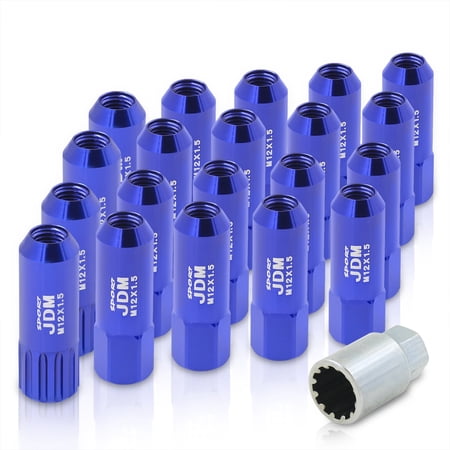 AJP Distributors JDM Sport Universal M12X1.5mm Thread Pitch 60mm Extended Hexagonal Billet Aluminum Open Ended VIP Tuner Wheels Rims 16-Piece Lug Nuts Set + 4-Piece Locking Type Keys Kit Anodized Blue