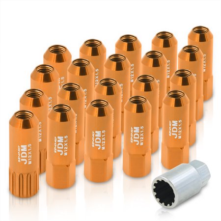 AJP Distributors JDM Sport Universal M12X1.5mm Thread Pitch 60mm Extended Hexagonal Billet Aluminum Open Ended VIP Tuner Wheels Rims 16-Piece Lug Nuts Set + 4-Piece Locking Type Keys Kit Anodized Gold