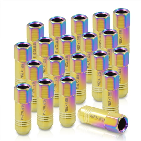 AJP Distributors JDM Universal M12 X 1.25MM Thread Pitch Open Ended Extended Long Aluminum Lug Nuts 20-Piece Set Aftermarket Tuner Wheels Rims Performance Upgrade Kit Anodized Multicolor Neo Chrome