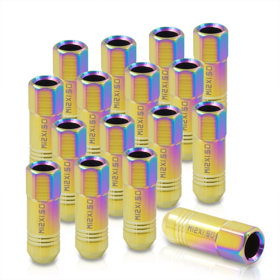 AJP Distributors JDM VIP Universal M12 X 1.5MM Thread Pitch Open Ended Extended Long Aluminum Lug Nuts 16-Piece Set Aftermarket Tuner Wheels Rims Performance Upgrade Kit Anodized Multicolor Neo Chrome