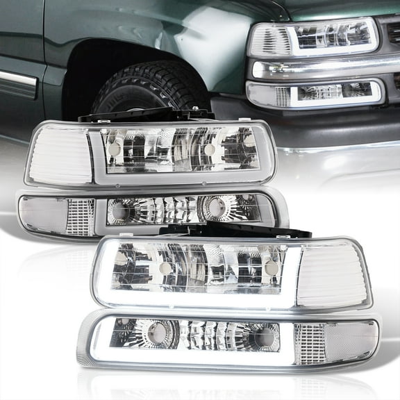 AJP Distributors LED DRL Chrome Housing Clear Lens Reflector Headlights Assembly + Bumper Signal Lamps Compatible/Replacement For Chevy Silverado Suburban Tahoe 1999 2000 2001 2002 2003 2004 2005 2006