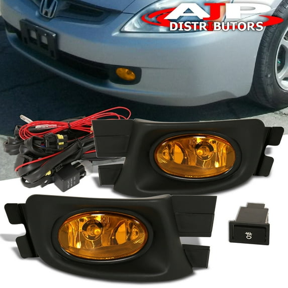 AJP Distributors Pair Front Bumper JDM Amber Driving Fog Lights Lamp Left Right Set w/ Bulb Wiring Harness Relay Switch Kit Compatible/Replacement For Honda Accord 4-Door Sedan 2003 2004 2005 03 04 05