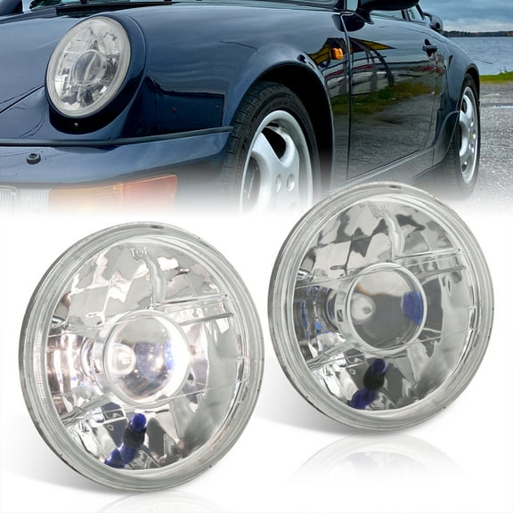 AJP Distributors Replacement Universal H6014 H6015 H6024 7" Round H4 Conversion Glass Lens Diamond Cut Sealed Beam Projector Headlights Chrome Headlamps Driving Lights Lamps Assembly Left+Right Pair