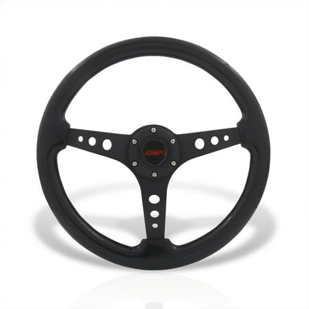 AJP Distributors Universal 14" 350mm 6 Bolt Hole Heavy Duty Aluminum Steering Wheel Black Wood Grain Deep Dish 3 Spokes Light Weight + Horn Button Replacement JDM Drifting VIP Sport