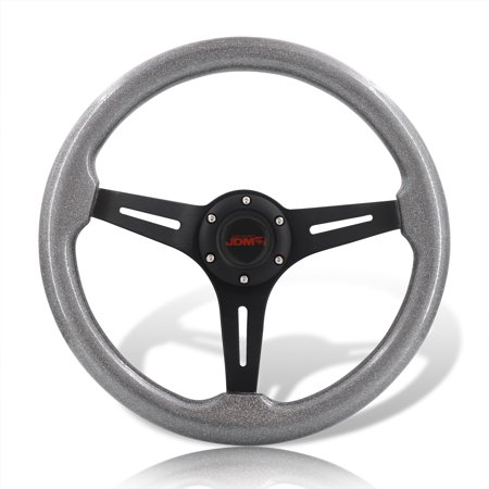AJP Distributors Universal 14" 350mm 6 Bolt Holes Aluminum Steering Wheel Light Weight Metallic Gunmetal Wood Grain Deep Dish 3 Spoke Heavy Duty + Horn Button Replacement JDM Sport