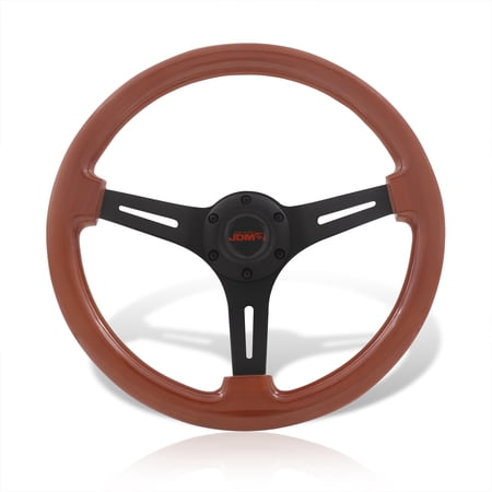 AJP Distributors Universal 14" 350mm 6 Bolts Holes Aluminum Steering Wheel Light Weight Wood Grain Black Center Deep Dish 3 Spoke Heavy Duty + Horn Button Replacement JDM VIP Sport
