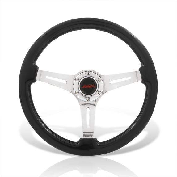 AJP Distributors Universal 14" 350mm 6 Bolts Holes Heavy Duty Steel Steering Wheel Black Wood Chrome Deep Dish 3 Spokes Light Weight w/ Horn Button Replacement JDM VIP Sport Grip