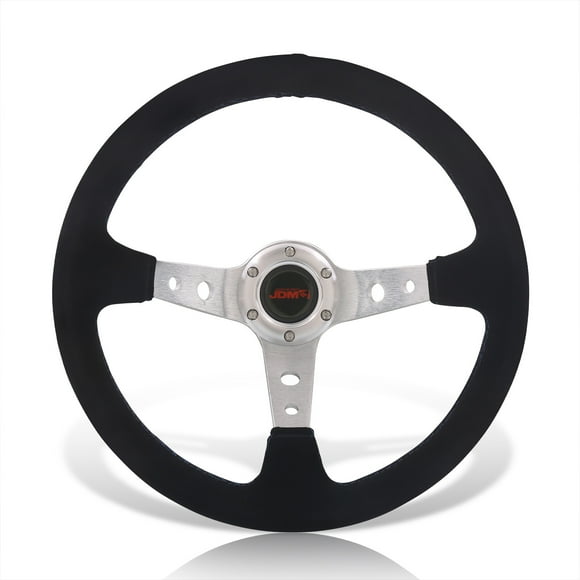AJP Distributors Universal 14" 350mm Black Suede 6-Bolt Holes Steering Wheel Blue Stitching Light Weight Aluminum Deep Dish Spokes + Horn Button JDM Sport Drifting Grip Replacement
