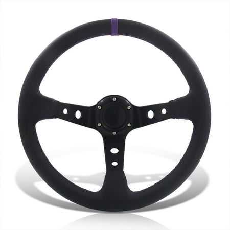 AJP Distributors Universal 350mm 14" 6-Bolt Hole Deep Dish Steering Wheel Black PVC Leather Purple Stitch Pin Stripe Light Weight Aluminum 3 Spoke +Horn Button Replacement JDM Sport