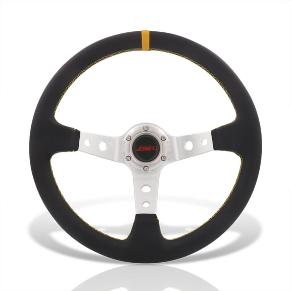 AJP Distributors JDM Sport Universal 350mm 14" 6 Bolt Hole Deep Dish Steering Wheel Black PVC Leather Yellow Stitch Pin Stripe Light Weight Aluminum 3 Spoke +Horn Button Replacement
