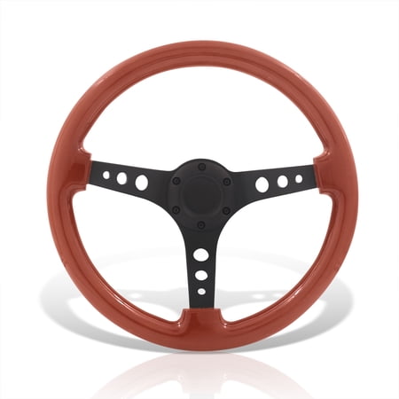 AJP Distributors Universal 350mm 14" 6 Bolt Hole Heavy Duty Aluminum Steering Wheel Light Brown Wood Grain Black Deep Dish 3 Spokes Light Weight + Horn Button Replacement JDM Sport
