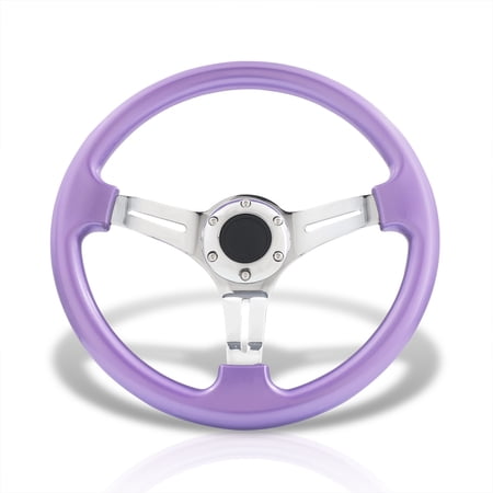 AJP Distributors Universal 350mm 14" 6 Bolt Hole Heavy Duty Steel Light Weight Deep Dish Steering Wheel Horn Button Grip JDM Stance Sport Drifting 3 Spokes Polish Center Purple