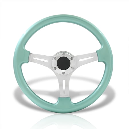 AJP Distributors Universal 350mm 14" 6 Bolt Hole Heavy Duty Steel Light Weight Deep Dish Steering Wheel Horn Button Grip Stance JDM VIP Sport Drifting 3 Spoke Center Mint Green